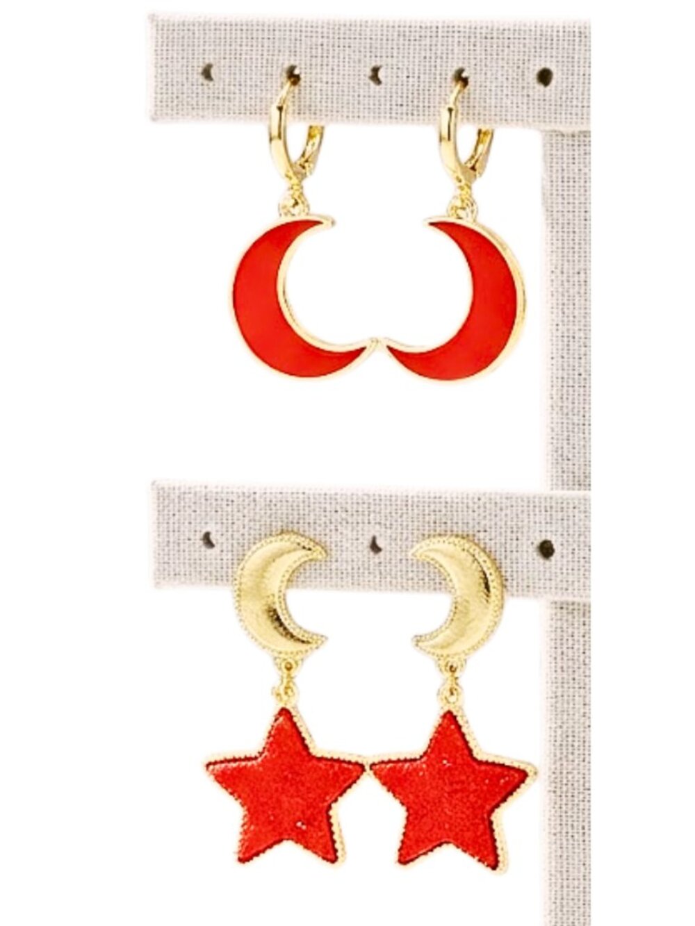 KIKI BUNDLE DEAL - 2 Sets of Moon Star Celestial Red Gold Plated Drop Earrings